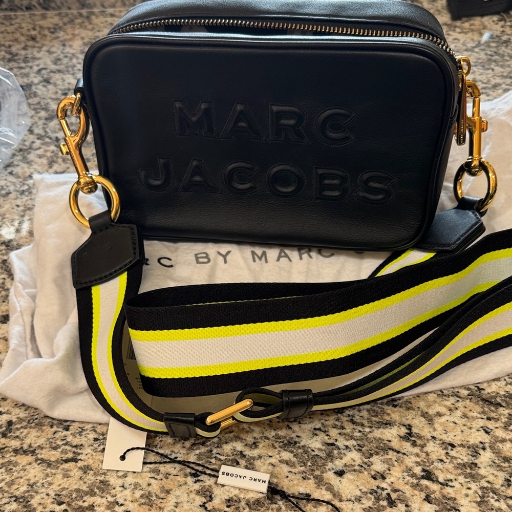 Marc Jacobs Black Flash Leather Camera Bag New with Neon crossbody strap